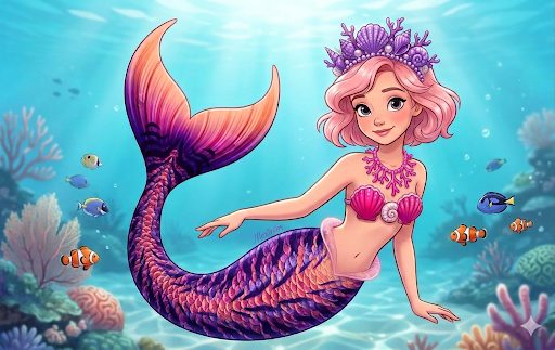 Pink-haired mermaid with a coral crown