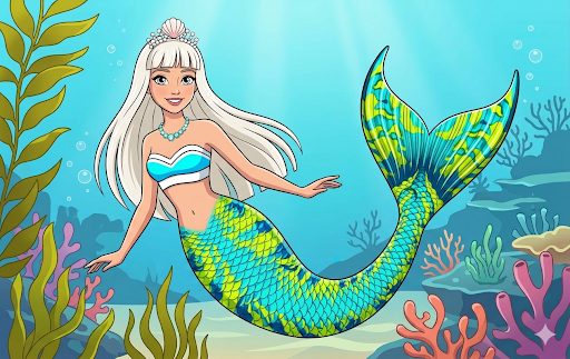 Silver-haired mermaid with a lime scaled tail