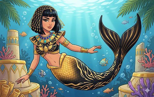 Mermaid with gold jewelry and a black and gold tail among sunken ruins